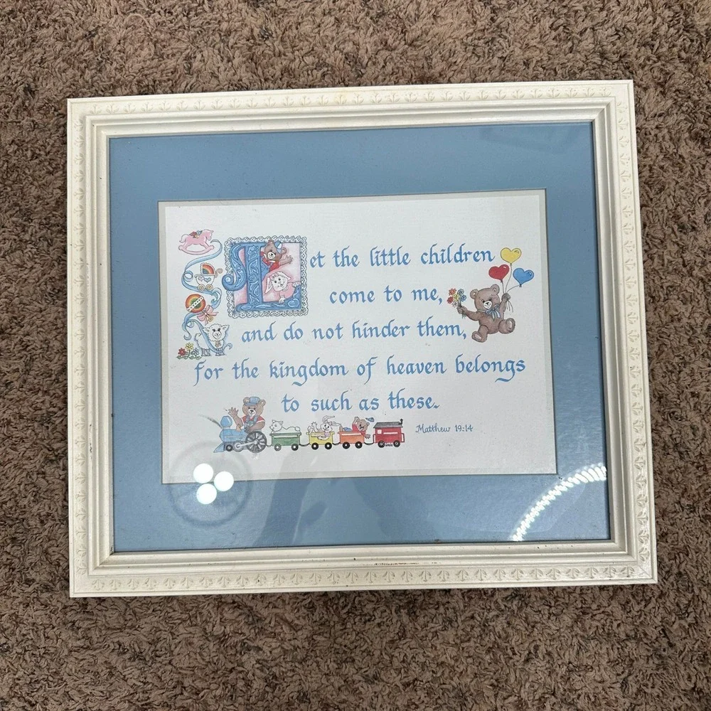 Framed Matthew 19:14 Bible Verse Nursery Wall‎ Art Teddy Bear Train Blue Cream